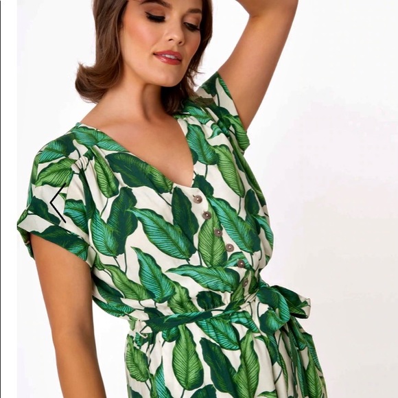 Hell Bunny Green Palm Leaf Rainforest Jumpsuit - Picture 2 of 10
